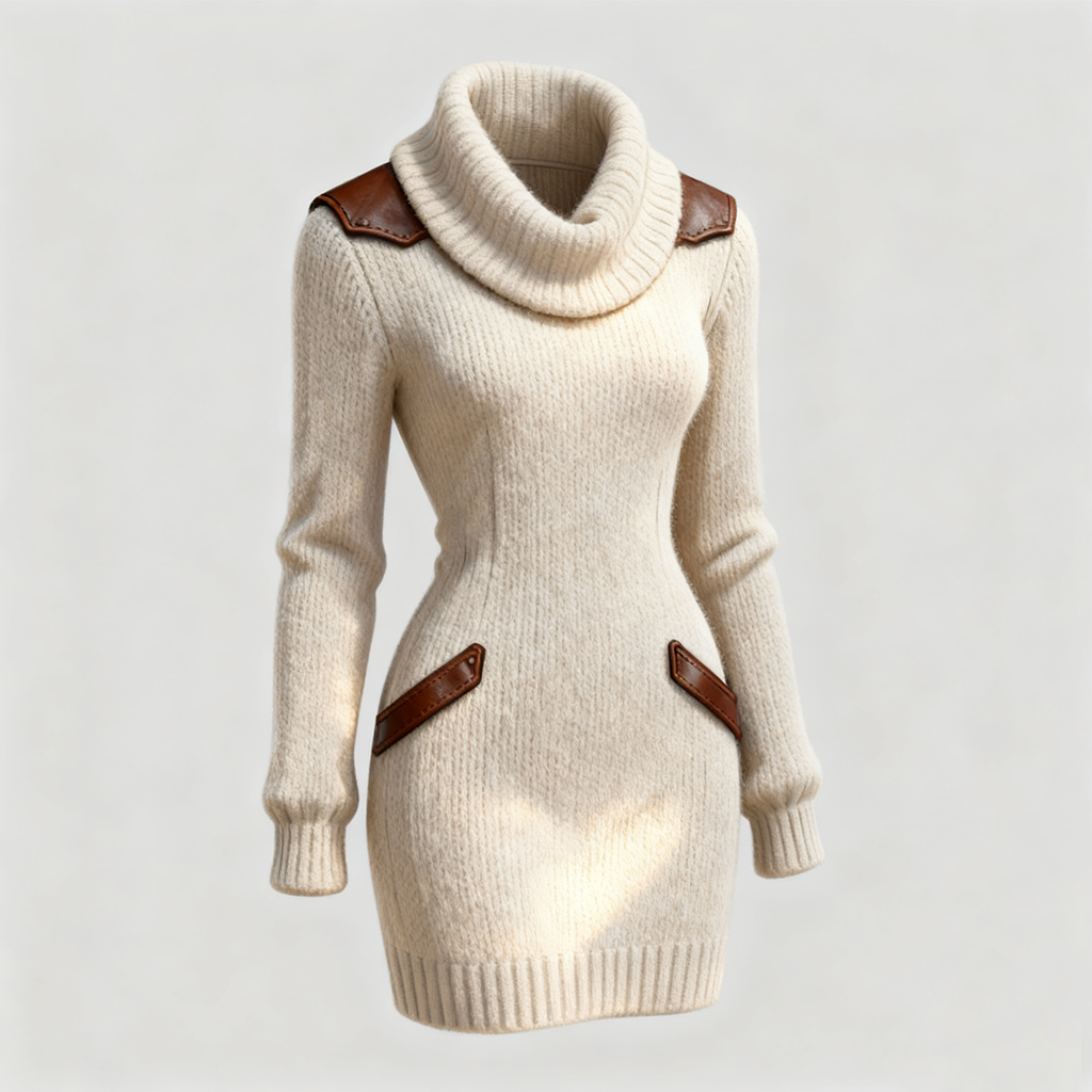 Women's Vintage Cream High Neck Knitted Dress With Leather Accents