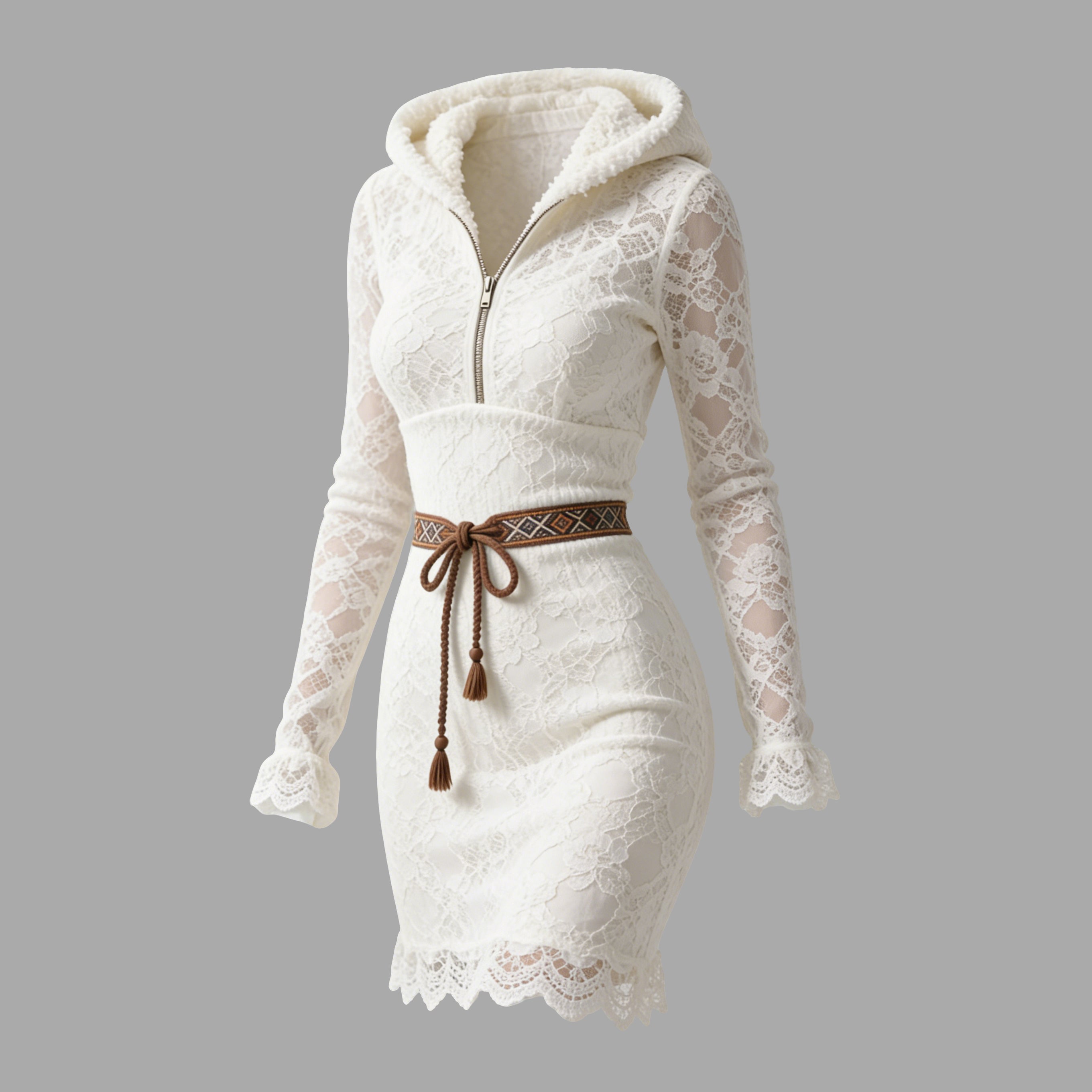 Women's Lace Half-Zip Hooded Slim Fit Dress