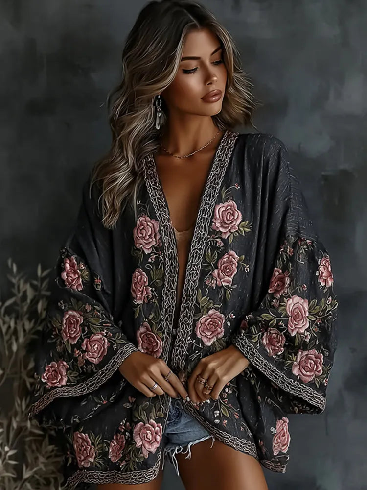 Women's Vintage  Spring Floral Roses Embroidered Art Print Flowy Linen Blend Kimono