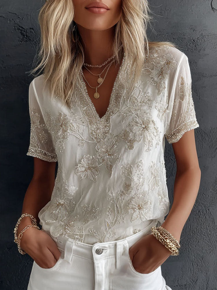 Women's Floral Embroidery Casual Cotton Linen V-neck T-shirt