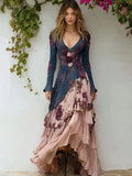 Vintage Boho Pink Roses Embroidered Linen Maxi Dress