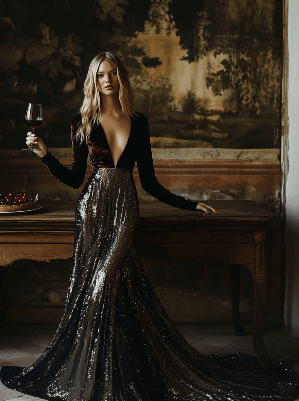 銆�24-hour shipping out銆慥-Neck Stylish Elegant Solid Color Velvet Sequined Long Maxi Dress