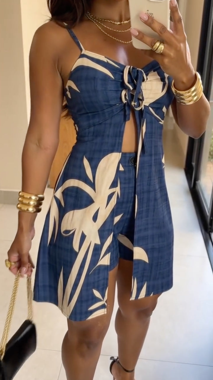 Blue Tropical Leaf Print Cutout Skort Set