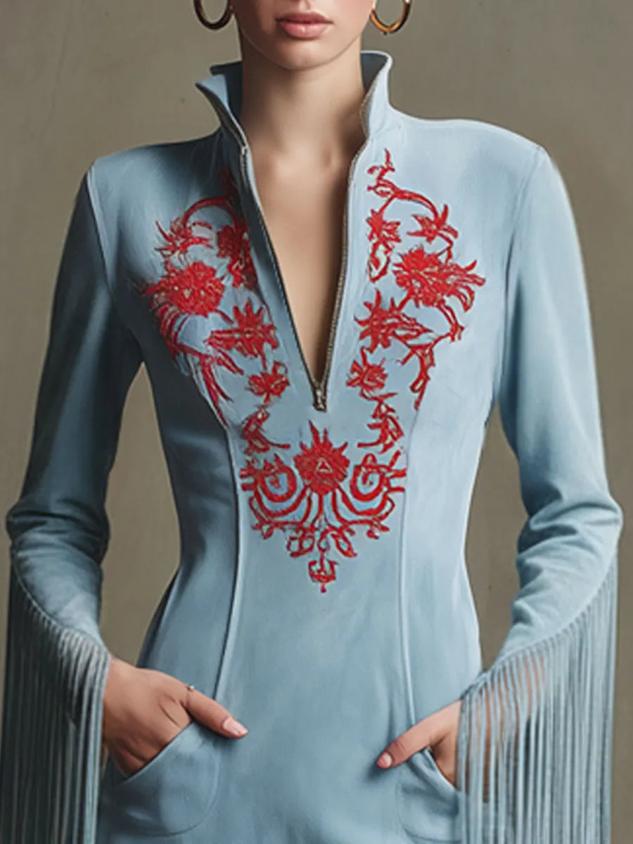 Western Retro Red Embroidered Blue Faux Suede Long-Sleeved Tassel Mini Dress