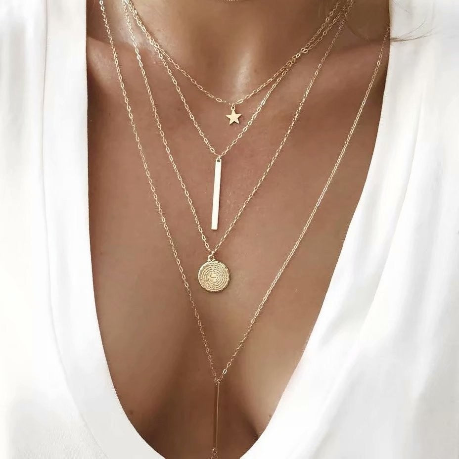 Mother's Day Girlfriend Gift Personalized Multi-layer Chain Necklace Tassel Necklace Small Bar Pendant