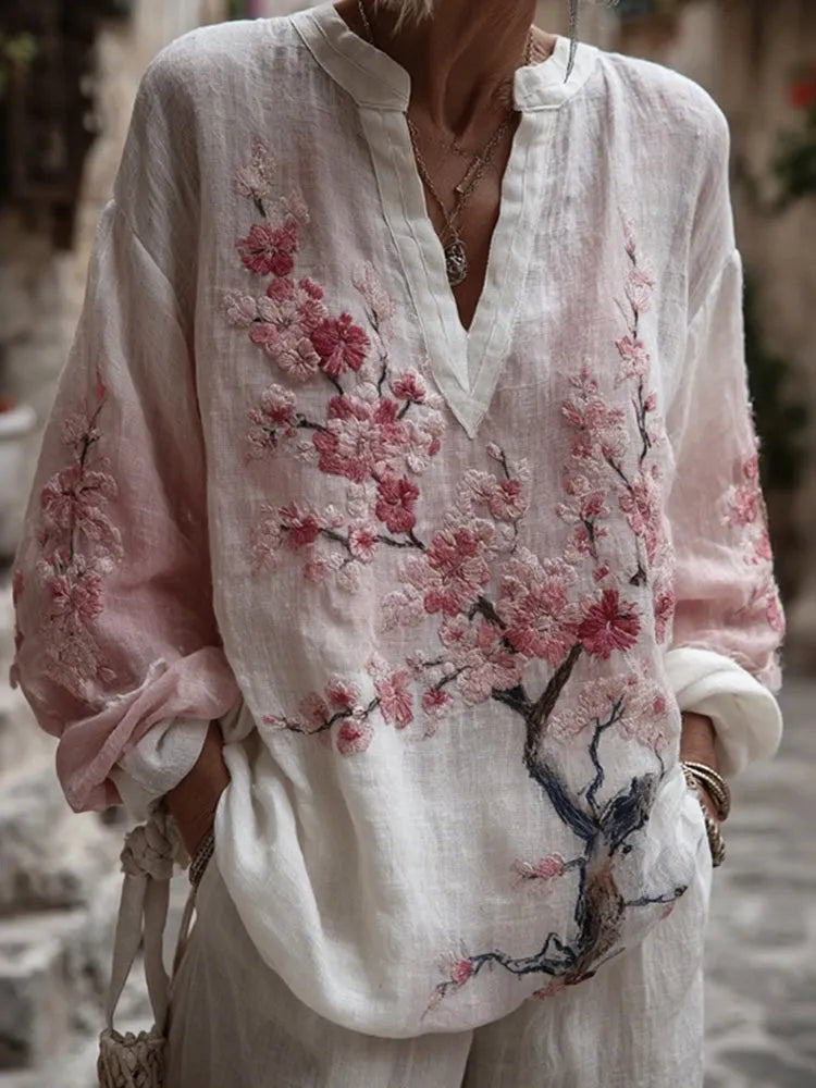 Women's Vintage Pink Floral Art Linen V-neck T-shirt