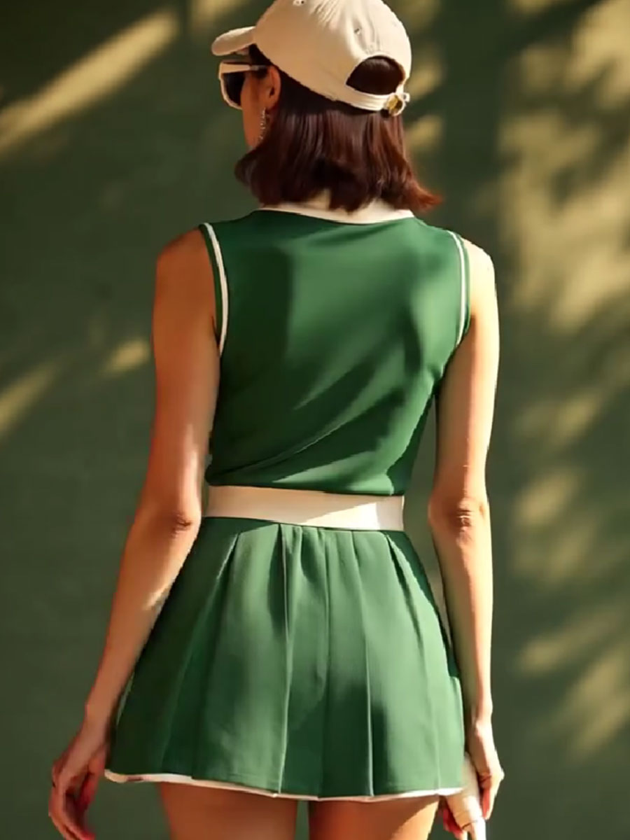 銆�24-hour shipping out銆慍asual Fashion Polo Neck White Trim Green Sleeveless Mini Dress