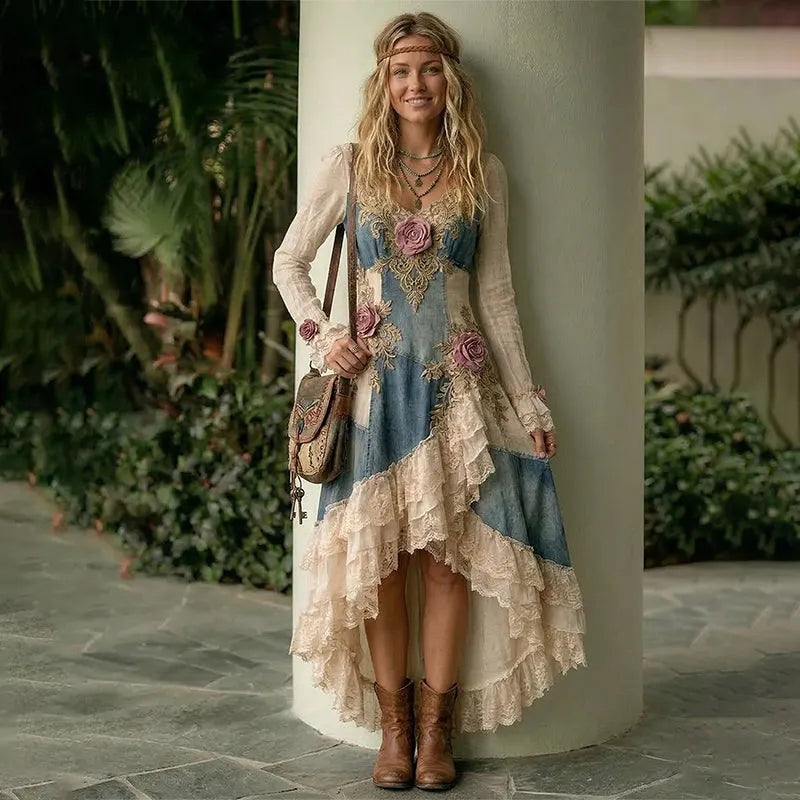 Women's Spring Elegant Flowers Patchwork V Neck Irregular Ruffle Midi Dress