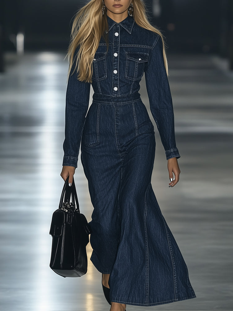 銆�24-hour shipping out銆慍asual Slim Fit Vintage Lace-up Long Sleeve Denim Maxi Dress