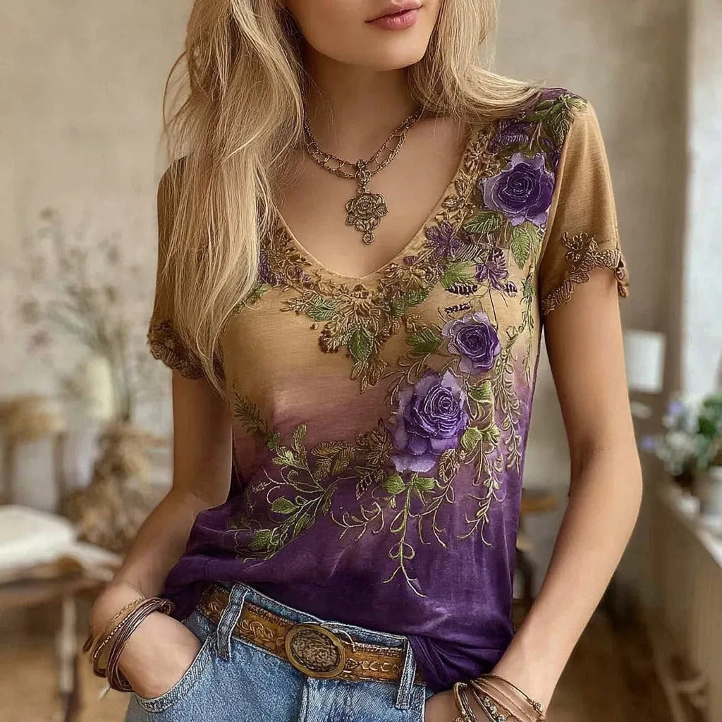 Women's Retro Floral Embroidery V-neck T-shirt