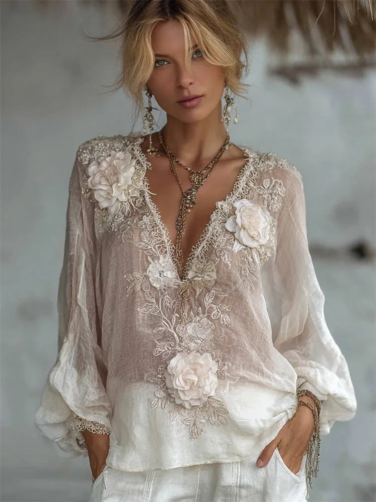 Vintage White Roses Fiber Art Lace Embroidered Flowy Tunic