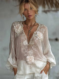 Vintage White Roses Fiber Art Lace Embroidered Flowy Tunic
