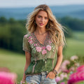 Women's Rose Floral Embroidery Printing Cotton V  Neck T-shirt