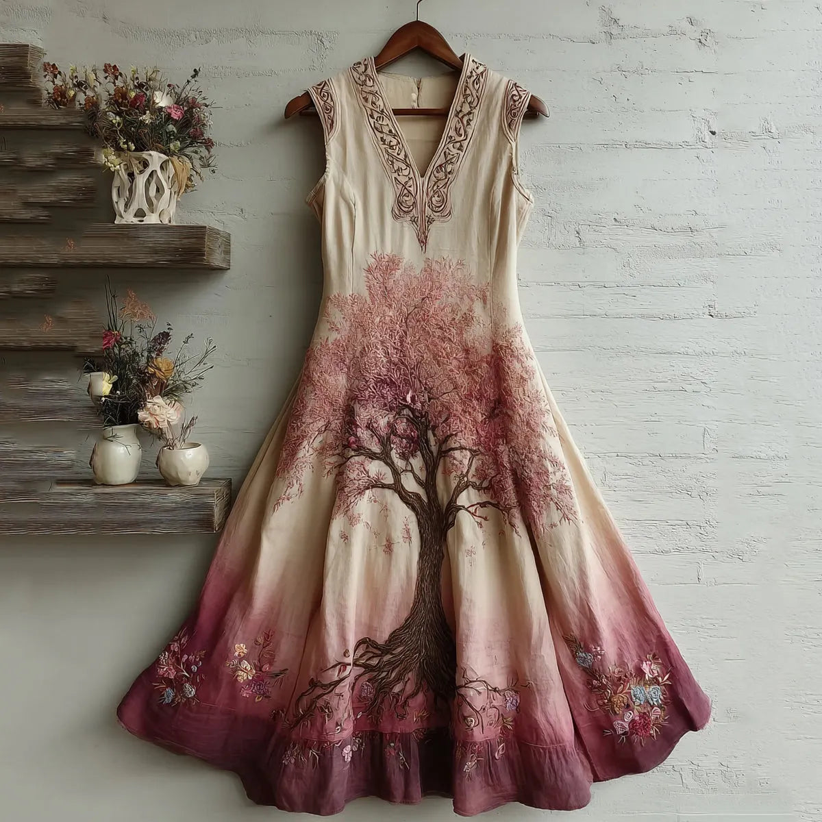 Women's Tree Of Life Pink Ribbon Embroidery Tank Maxi Dress