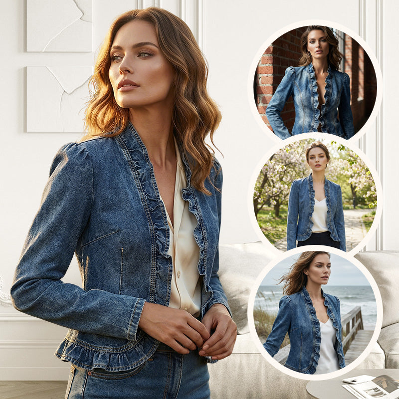 Women's Ruffle Trim Open-Front Denim Jacket – Lightweight, feminine & versatile – chic for any outfit 👗
