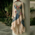 Women's Spring Elegant Flowers Patchwork V Neck Irregular Ruffle Midi Dress