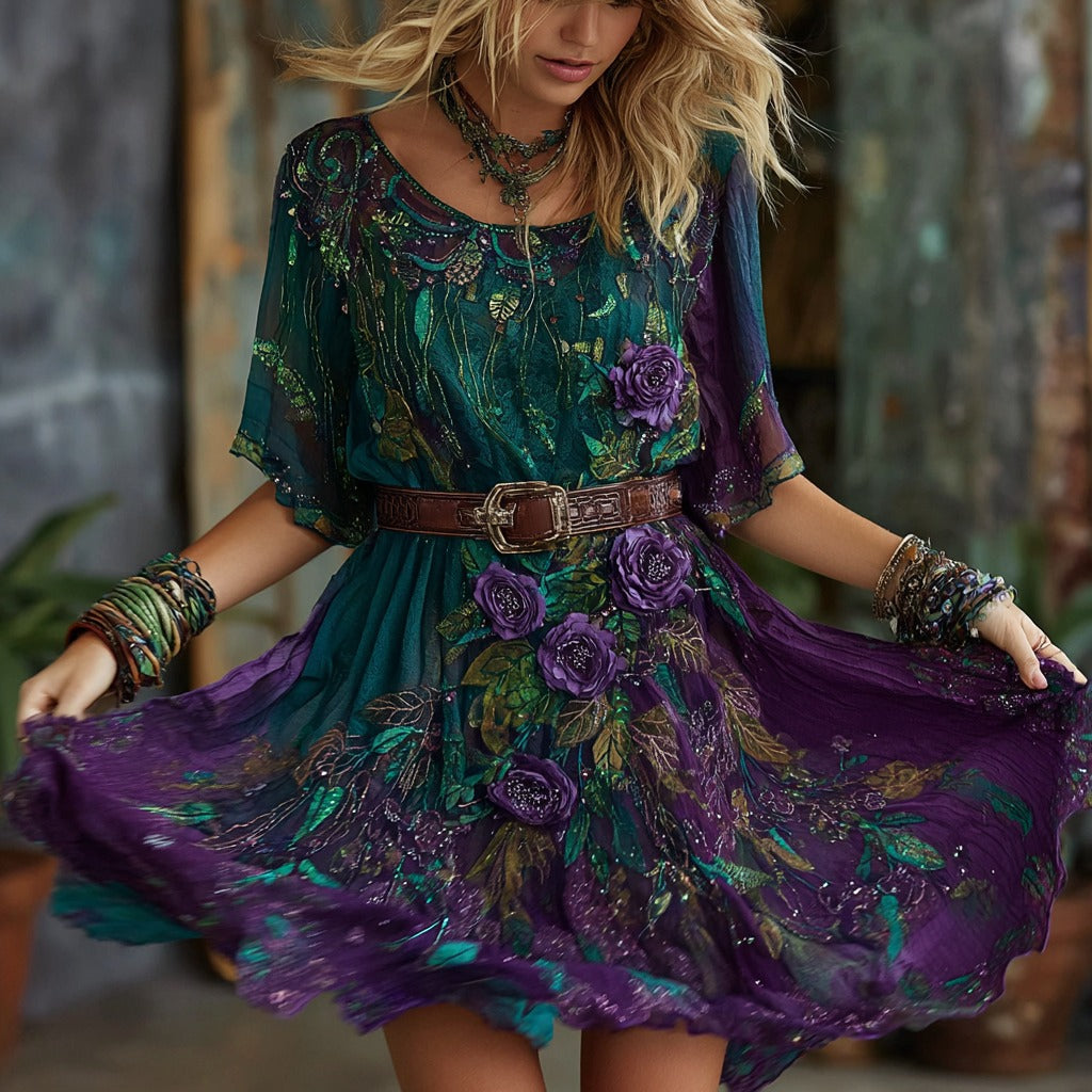 Women's Purple Floral Art Embroidered Linen Blend Round Neck Mini Dress