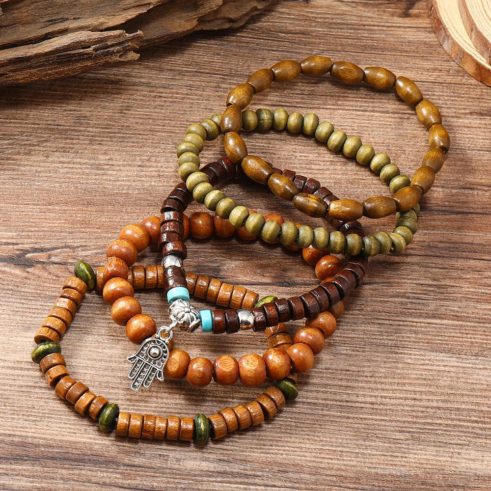 Unisex Vintage Hand Of Fatima Pendant Wooden Bead N