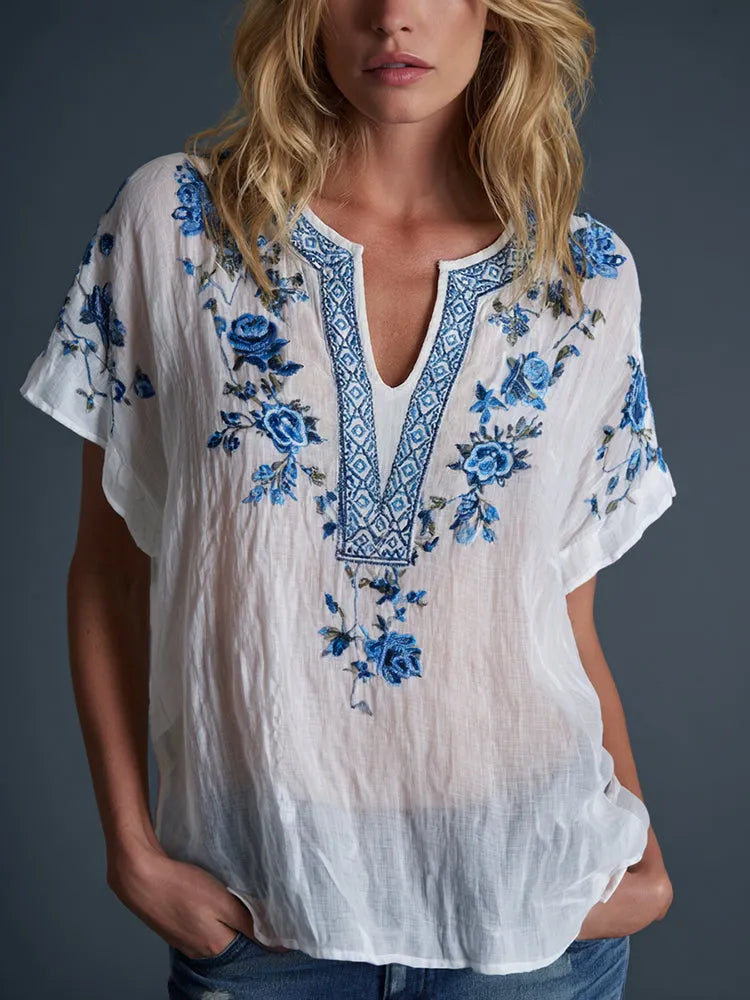 Women's Floral Art Print Flowy Linen Blend Casual Short Sleeve Tops