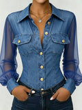 Women's Solid Color Art Denim Chiffon Patchwork Casual Stylish Sexy Shirt
