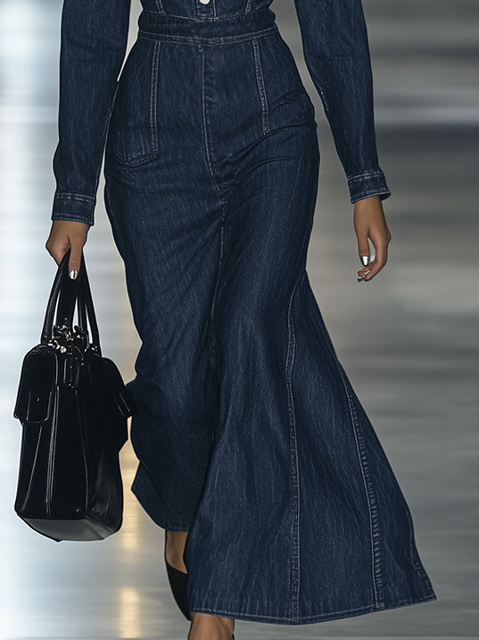 銆�24-hour shipping out銆慍asual Slim Fit Vintage Lace-up Long Sleeve Denim Maxi Dress