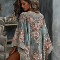 Women's Spring Floral Roses Embroidered Art Print Flowy Linen Blend Kimono