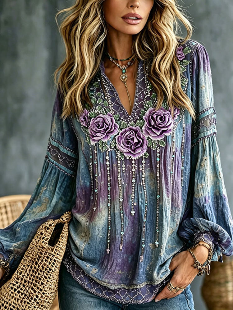Women's Romantic Floral Art Linen Blend V Neck Long Sleeve Tops