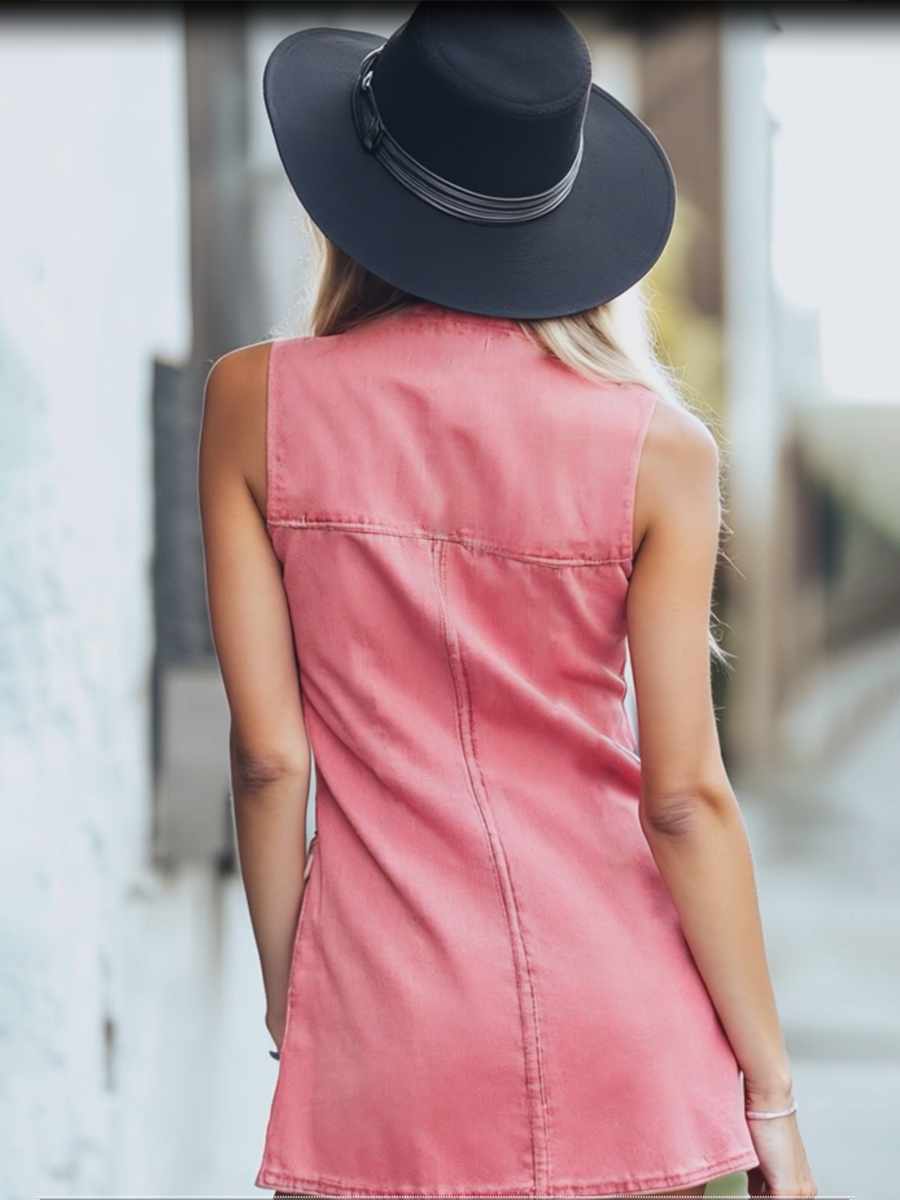 銆�24-hour shipping out銆慍hic Pink Denim Button Front Sleeveless Mini Dress