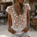 Women's Vintage Floral Embroidered Short Sleeve Casual T-shirt
