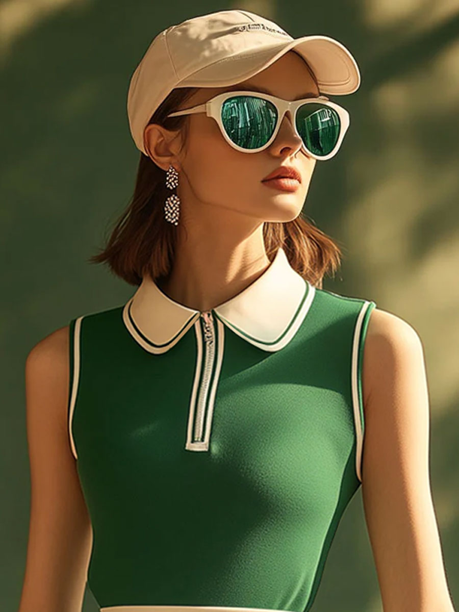 銆�24-hour shipping out銆慍asual Fashion Polo Neck White Trim Green Sleeveless Mini Dress