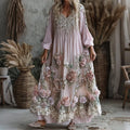 Women's Retro Floral Art Flowy Linen Blend Casual Long Sleeve Maxi Dress