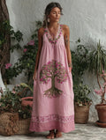 Women's Tree Of Life Pink Ribbon Embroidery V Neck Tank Midi Dress