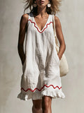 Casual Retro Wavy Ribbon Ruffle White Cotton Linen Sleeveless Mini Dress
