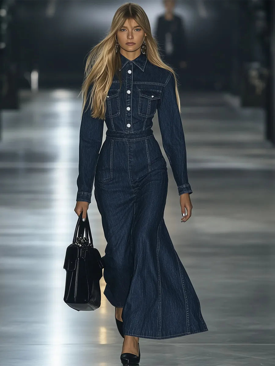 銆�24-hour shipping out銆慍asual Slim Fit Vintage Lace-up Long Sleeve Denim Maxi Dress