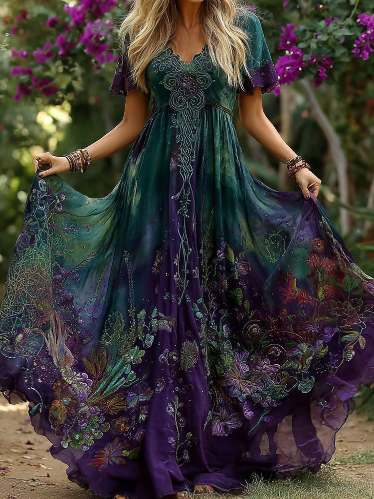 Women's Retro Viking Celtic And Floral Pattern Casual Dress