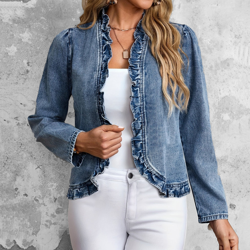 Women's Casual Ruffled Open Front Long Sleeve Denim Cropped Jacket