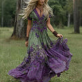 Women's Vintage Floral Art Embroidery V Neck Maxi Dress