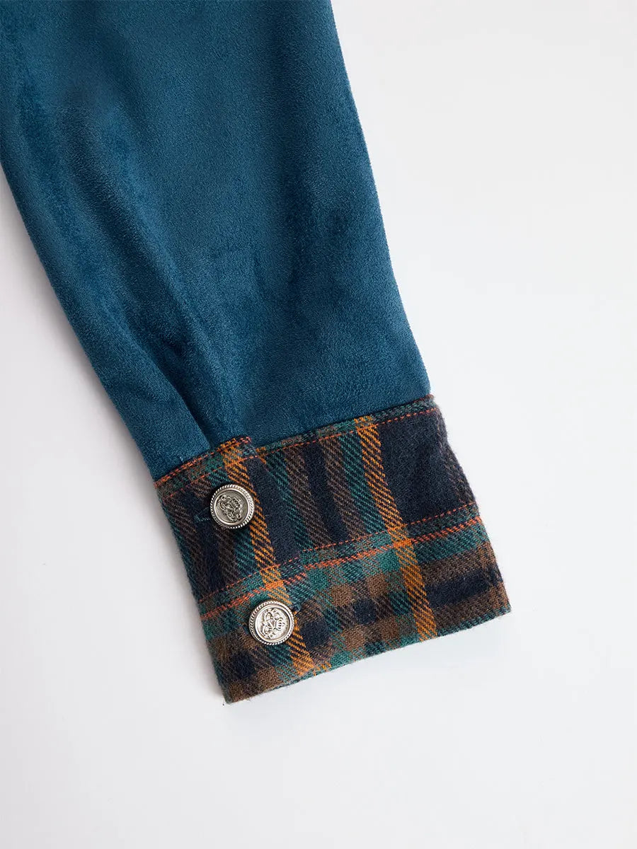 Retro Ethnic Style Belt Blue Faux Suede Plaid Maxi Dress