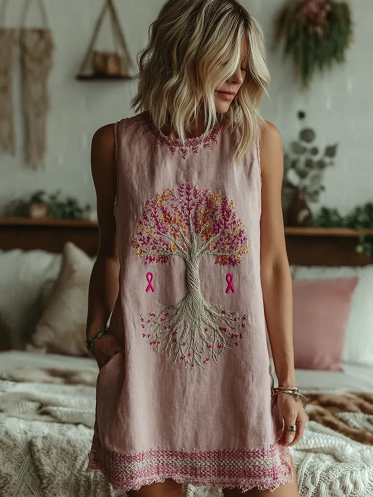 Women's Tree Of Life Pink Ribbon Embroidery Round Neck Tank Mini Dress