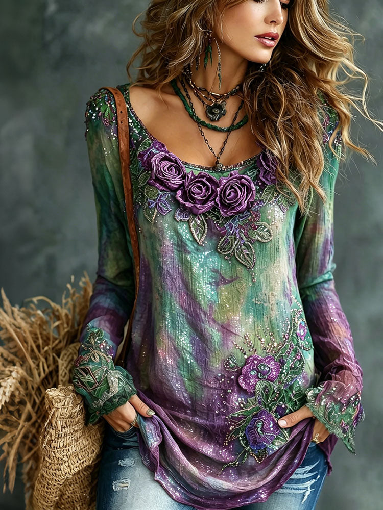Women's Romantic Floral Art Linen Blend Long Sleeve Tops