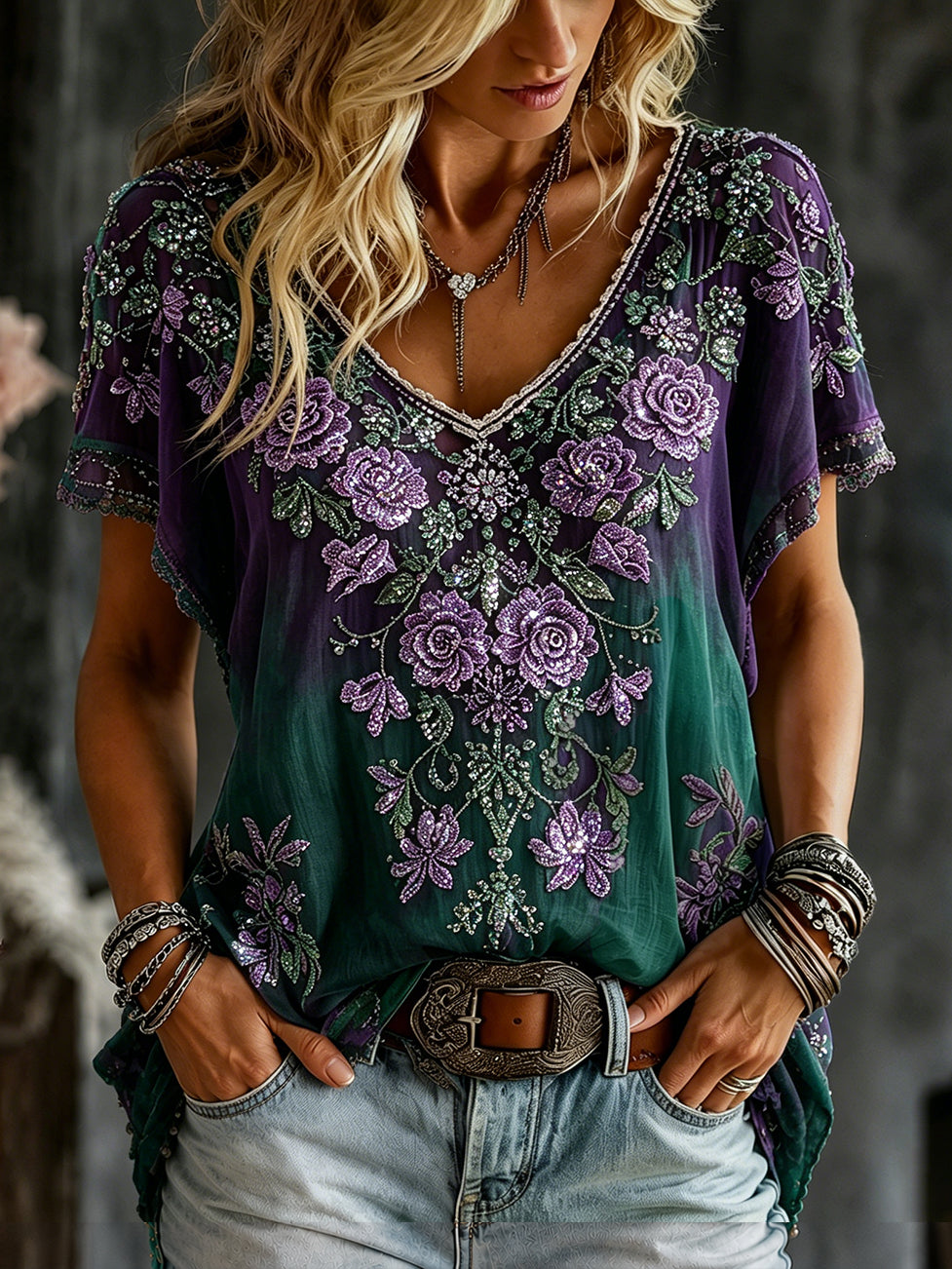 Women's Retro Romantic Rose Embroidery Pattern Casual T-shirt