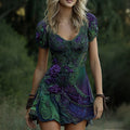 Women's Vintage Floral Gradient Art V Neck Midi Dress