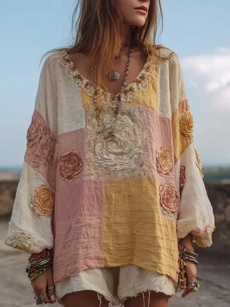 Women's Retro Bohemian Rose Pattern V-neck Shirt