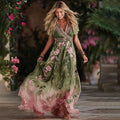 Women's Boho Floral Ombre Cotton Linen Maxi Dress