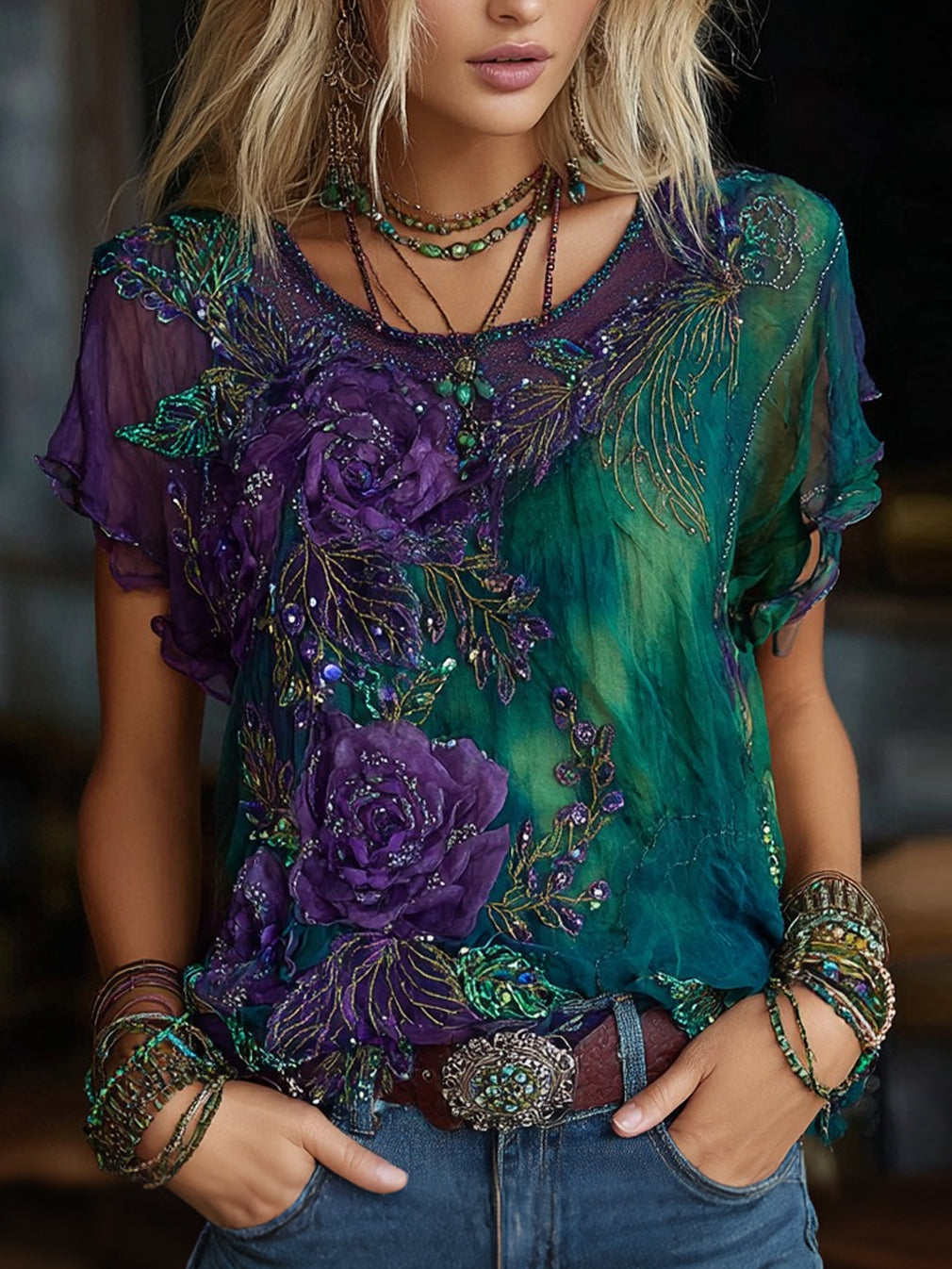 Women's Retro Floral Art Embroidery Casual Cotton Linen T-shirt