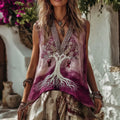 Women's Cancer Awareness Ribbon With Tree Of Life Gradient Embroidered Linen Blend Tank Top