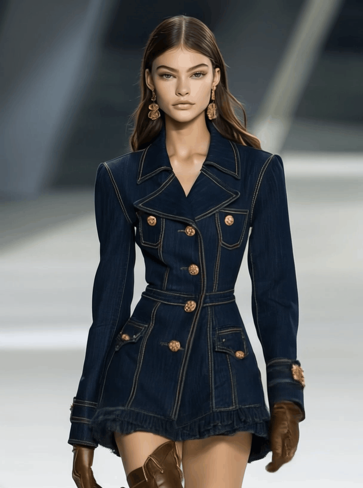 銆�24-hour shipping out銆慍lassic and Playful Large Lapel Ruffled Hem Waist Denim Mini Dress