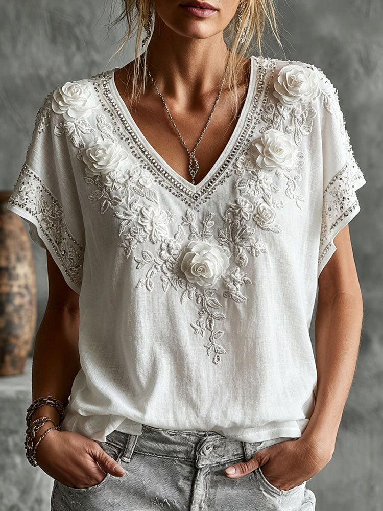 Women's Vintage Rose Floral Art Short Sleeve Casual T-shirt