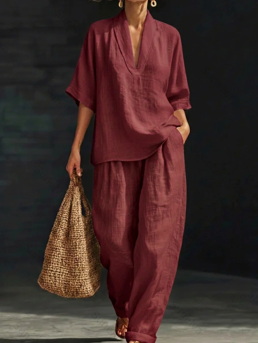 Casual And Cozy Minimalist Linen Two-piece Set 8539