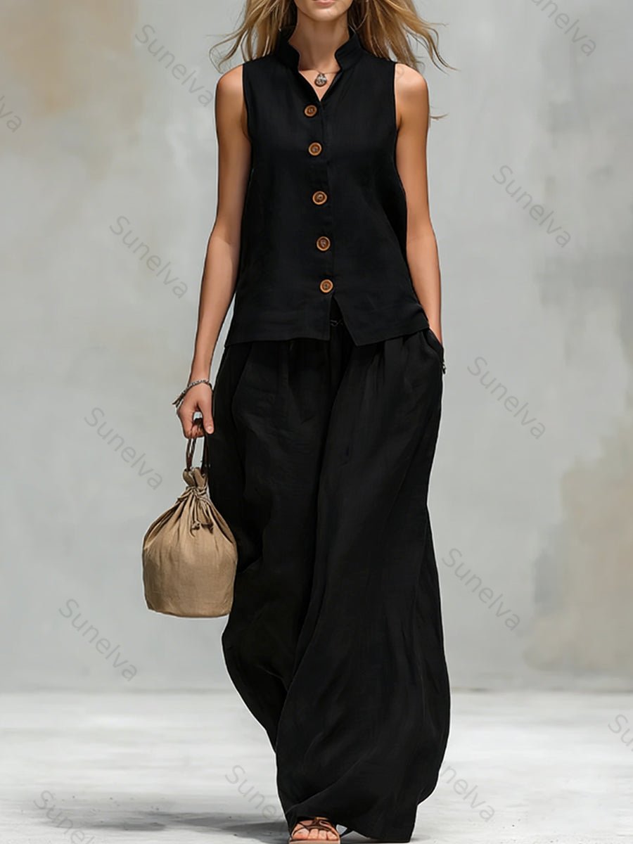 Comfortable And Casual V-neck Sleeveless Button-down Top And Trousers Set 7662